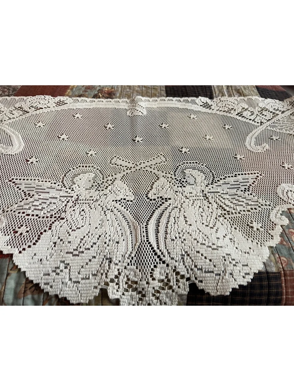 Vintage Handmade Crochet Lace Table Runner with Angel Motif